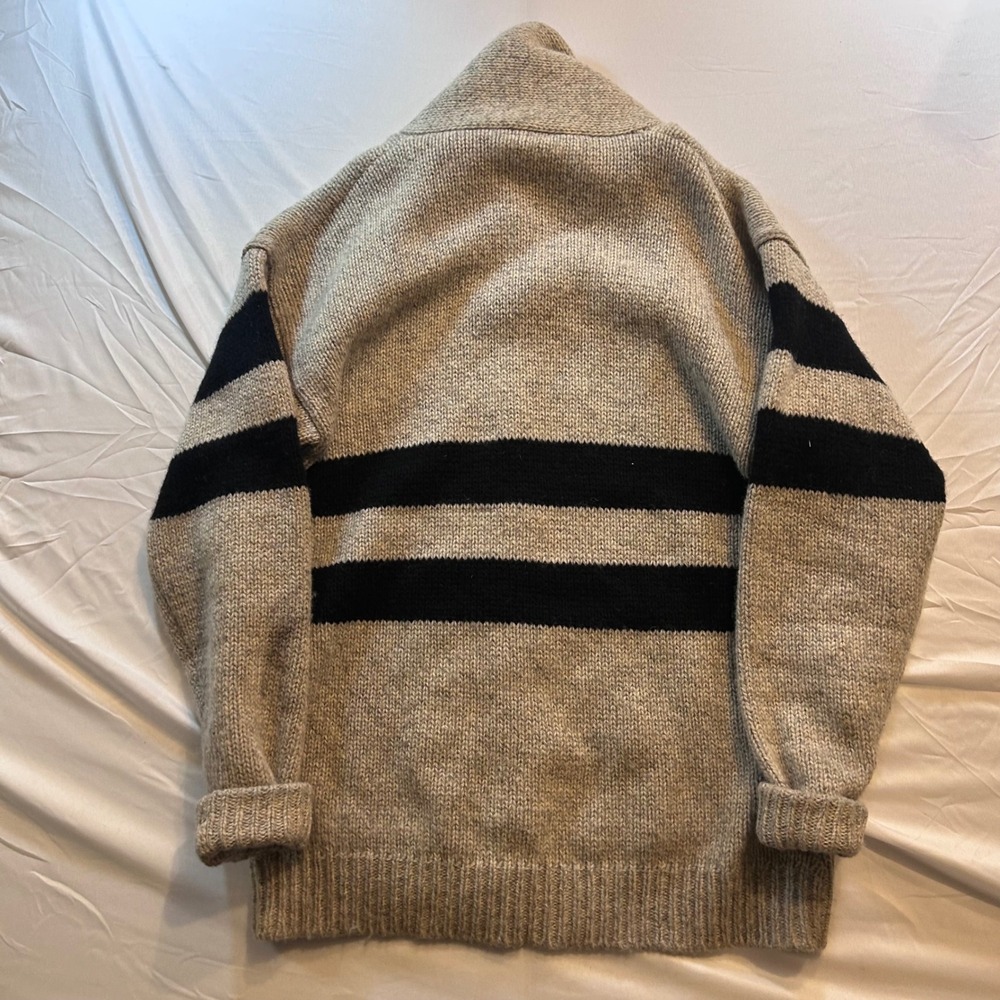 Nordstrom Vintage Shetland Wool Shawl Collar Striped Sweater Gray Black L-Tall - Picture 3 of 4
